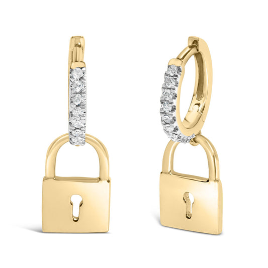 Front and angled view of yellow lock-shaped earrings with round white gemstones set on the hoop.