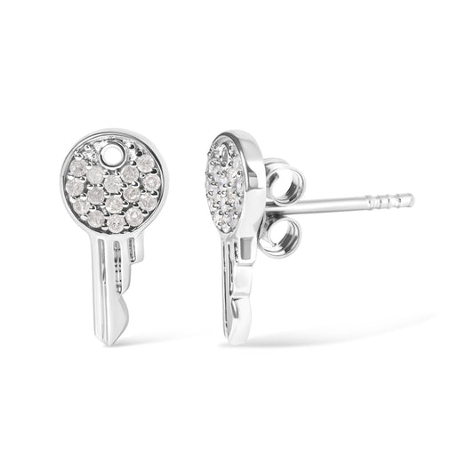 Close-up front and side view of white round key-shaped earrings with small white gemstones in prong settings.