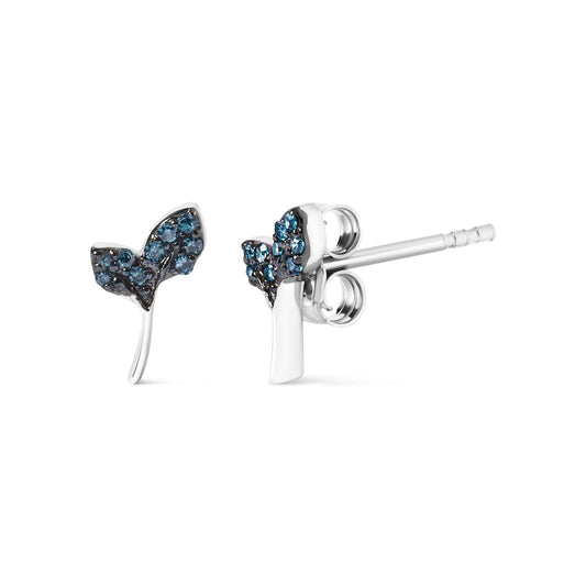 Close-up front angle of white metal butterfly-shaped stud earrings adorned with small round blue gemstones in prong settings.