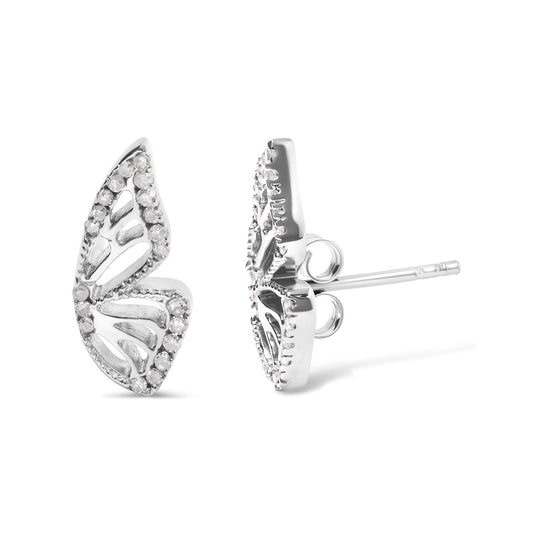 Close-up front and side view of a single white metal earring shaped like a leaf with round white gemstones set in a prong setting along the edges, shown on a white background.