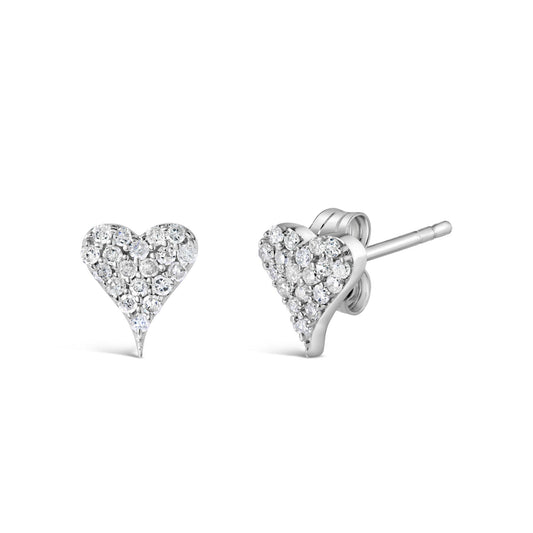 Front and side angled view of white heart-shaped earrings set with multiple round white gemstones.