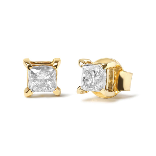 Pair of yellow metal stud earrings with square white gemstones in four-prong settings, shown from a front and slightly angled side view.