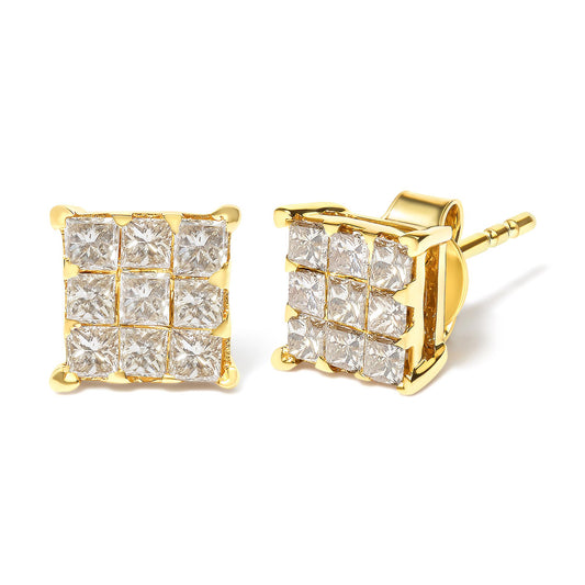 Close-up front and side angle of yellow metal square stud earrings featuring multiple princess-shaped white gemstones in an invisible setting.