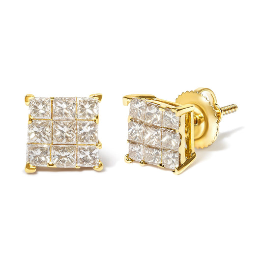 Pair of yellow metal square earrings with white princess-shaped gemstones in invisible setting, front and angled side view on a white background.