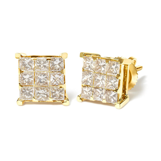 Close-up front and side angle of a pair of yellow metal square stud earrings set with multiple white princess-shaped gemstones in an invisible setting.