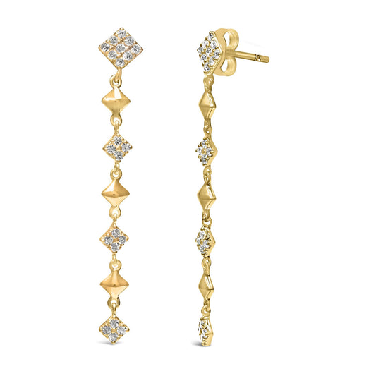 Front and side view of yellow metal dangle earrings featuring alternating geometric shapes and clusters of white round gemstones in prong settings.