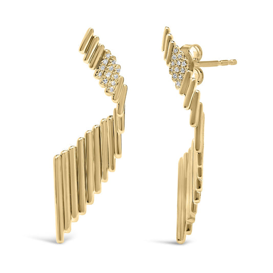 Pair of yellow metal earrings with elongated vertical bars and clusters of white round gemstones at the top, shown from a front and side angle.
