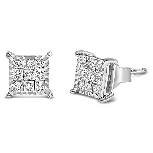 Pair of square-shaped white metal stud earrings with princess-cut white gemstones in an invisible setting, shown from front and angled side views.