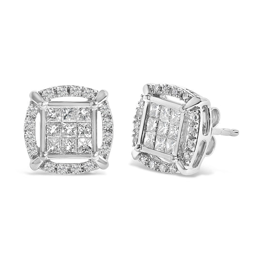 Pair of white metal earrings shown from front and side angles, featuring square clusters of princess-shaped white gemstones with invisible setting, surrounded by a halo of round-shaped white gemstones with prong setting.