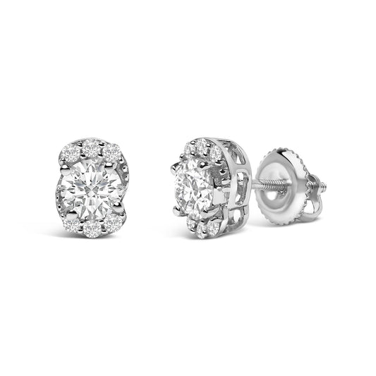 Pair of white metal stud earrings with a round center gemstone surrounded by smaller round gemstones in a prong setting, shown from front and side angles on a white background.