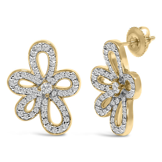 14K Yellow Gold Plated .925 Sterling Silver 1.0 Cttw Diamond Operwork Retro Floral Stud Earrings