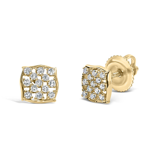 14K Yellow Gold Plated .925 Sterling Silver 1/6 Cttw Diamond Openwork Checkerboard Stud Earrings