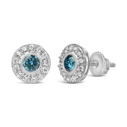Front and side view of blue and white lab grown diamond round halo stud earrings in sterling silver on white background