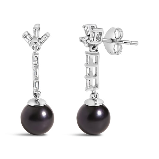 Pair of white metal drop earrings shown from the front and side angles, featuring white baguette-shaped gemstones in a vertical arrangement and a single dark round bead hanging at the bottom.