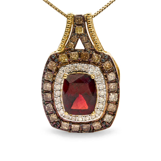 Close-up front view of a yellow metal necklace pendant featuring a large red cushion-shaped gemstone in a 4-prong setting, surrounded by two rows of small princess-shaped gemstones in white and champagne colors with prong settings.