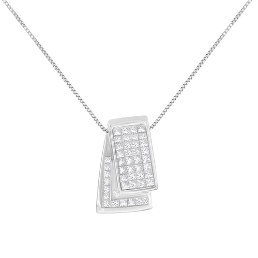 Front angled view of a white necklace with two overlapping rectangular pendants, both set with multiple white gemstones in an invisible setting.