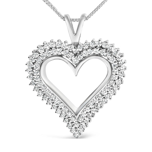 Close-up front view of a white metal heart-shaped necklace pendant outlined with round white gemstones in shared prong setting.
