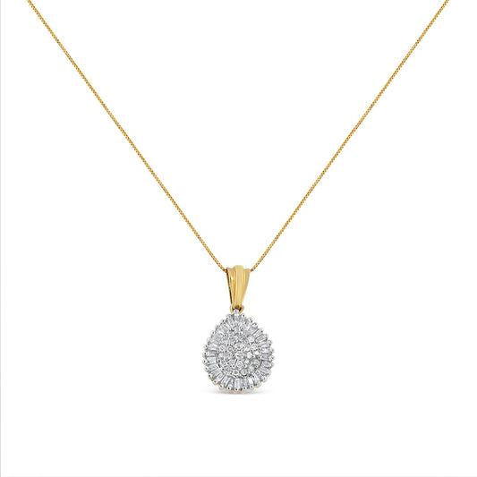 Front-facing shot of a yellow metal necklace with a teardrop-shaped pendant featuring round prong-set white gemstones clustered in the center and surrounded by baguette channel-set white gemstones.