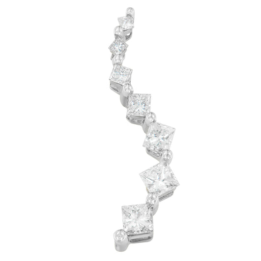 Close-up angled view of a white necklace featuring princess shape white gemstones in prong settings arranged along a curved line.