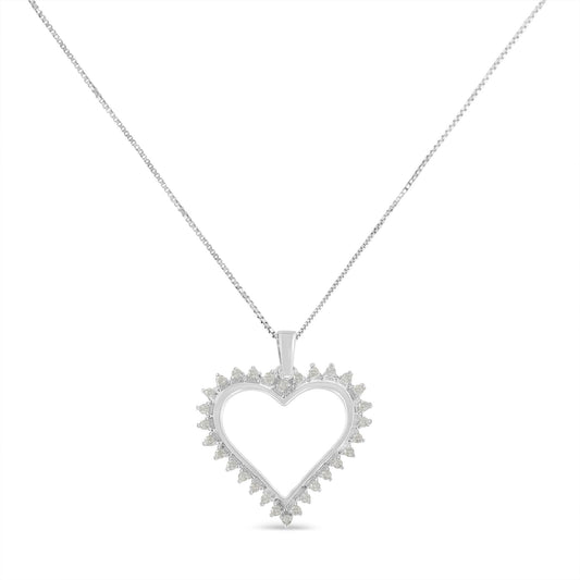 White metal heart-shaped necklace pendant with round prong-set white gemstones around the edge, front-facing angle.