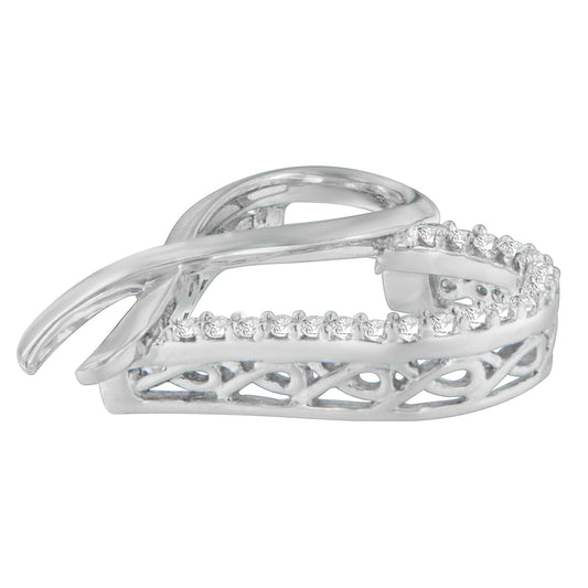 Close-up side angle of a white metal necklace pendant featuring two overlapping loops, one solid and one adorned with round white gemstones in prong settings.