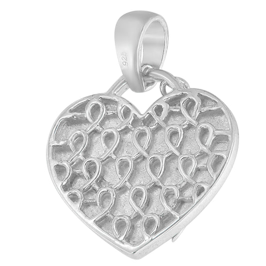 Close-up front angle of a white metal heart-shaped necklace pendant with an intricate openwork loop pattern and no visible gemstones.