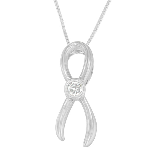 White metal necklace with looped ribbon-shaped pendant featuring a round white gemstone in prong setting, shown from the front.