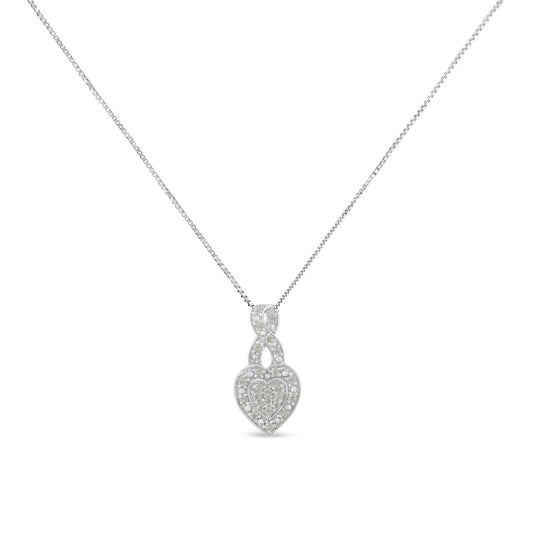 Front-facing view of a white metal necklace with a pendant featuring a heart shape and an infinity loop accented with round white pave-set gemstones.