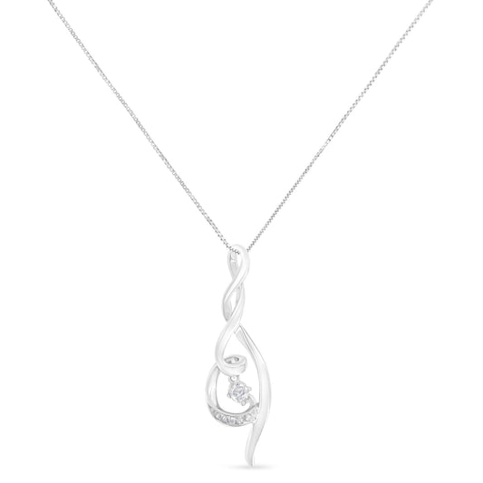 Front view of white metal necklace with a twisted open loop pendant featuring round white gemstones in prong settings.