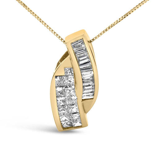 Close-up front angle of a yellow necklace pendant with two curved sections, one set with vertically aligned baguette-shaped white gemstones in a channel setting, and the other with princess-shaped white gemstones in an invisible setting.