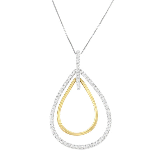 Front view of a two-toned teardrop-shaped necklace pendant with an outer row of white round gemstones in prong setting and a smooth inner teardrop frame, hanging from a fine chain.