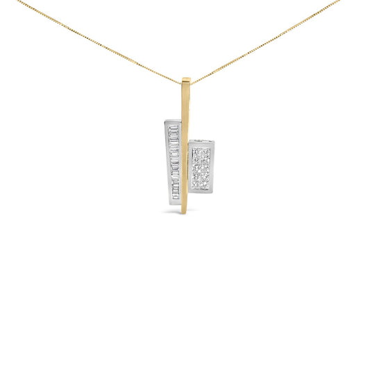 Front-facing view of a necklace pendant featuring two vertically aligned rectangles in yellow and white metal. The white metal rectangle has channel-set white baguette-shaped gemstones, and the yellow metal rectangle has channel-set white princess-shaped gemstones. The pendant is shown hanging on a yellow chain against a white background.