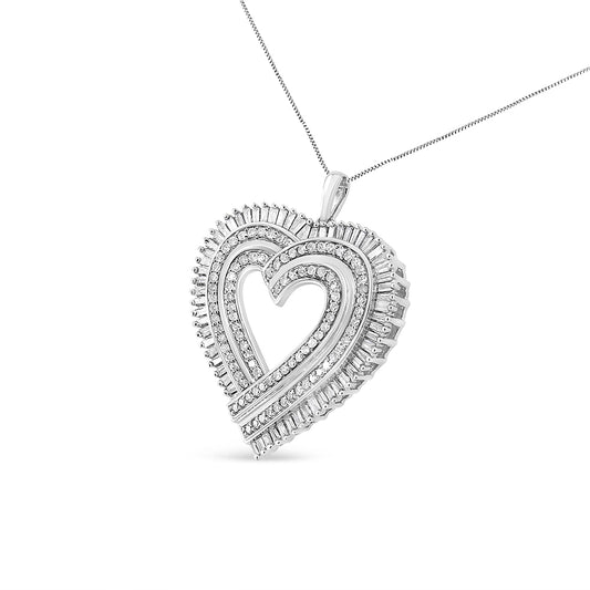 White metal heart-shaped necklace pendant with an open center, adorned with two rows of round white gemstones in shared prong settings inside, surrounded by a frame of baguette-shaped white gemstones in channel settings, shown in a front angle view.