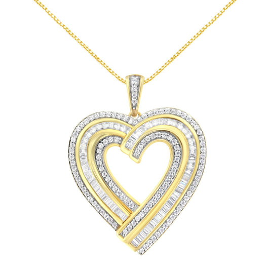 Front view of a yellow metal heart-shaped necklace pendant with rows of white round gemstones in prong settings and white baguette gemstones in channel settings.