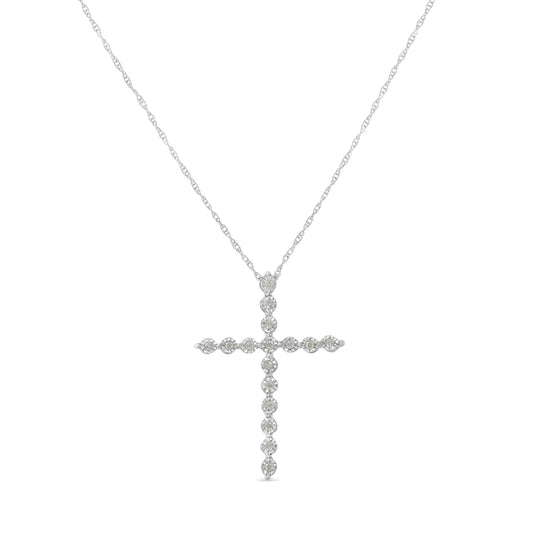 Front view of white metal cross necklace with round white gemstones in miracle setting on a delicate chain.