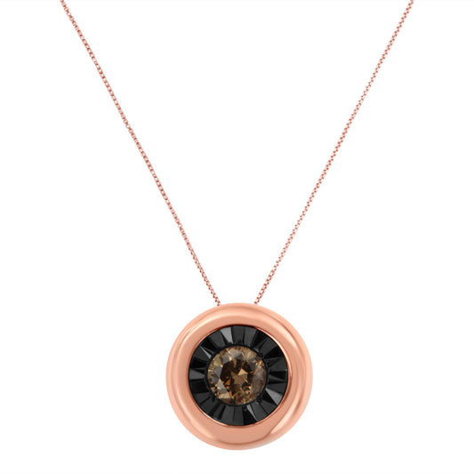 Front view of a rose metal necklace with a circular pendant featuring a central round champagne-colored gemstone surrounded by smaller black gemstones.