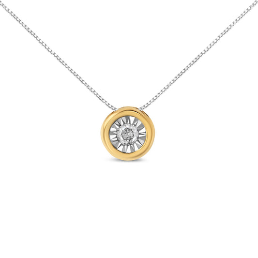 Front view of yellow metal necklace with circular pendant featuring a round white gemstone in a miracle setting.