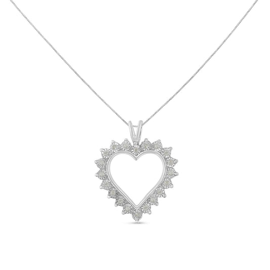 Front view of a white metal heart-shaped necklace pendant with round white gemstones set around the heart, hanging from a fine chain.