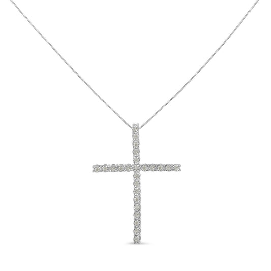 Front view of white metal cross-shaped necklace pendant with round white gemstones in miracle setting on a chain.