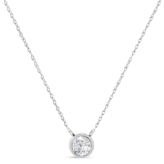 Front view of a white metal necklace with a round bezel-set white gemstone pendant.