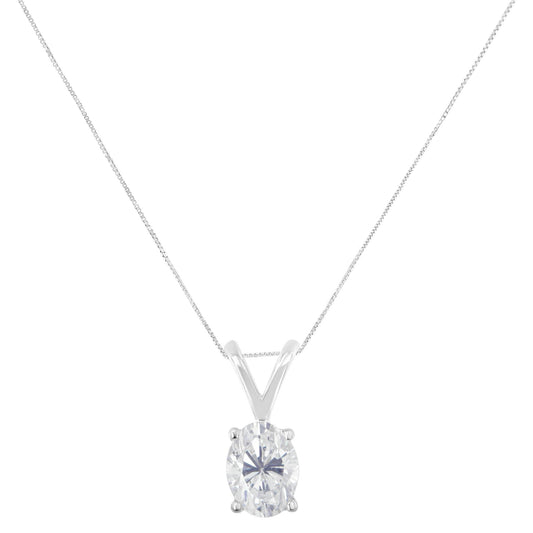 Front view of a white metal necklace with an oval-shaped white gemstone in a prong setting pendant.