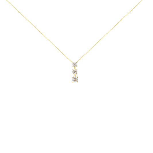 Front view of a necklace with a yellow chain and a vertical pendant featuring three round white gemstones in miracle settings with white metal prongs.