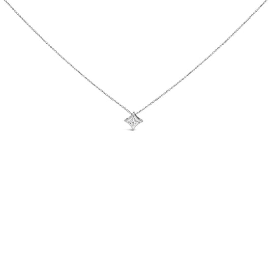 Front-facing view of a white necklace with a single princess-shaped white gemstone in bezel setting pendant.
