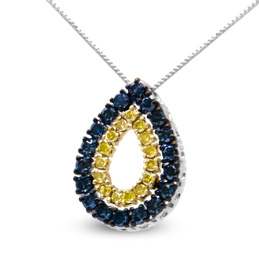 Close-up front angled view of a yellow metal teardrop-shaped necklace pendant with two rows of round prong-set gemstones, an inner row of yellow gemstones and an outer row of blue gemstones.
