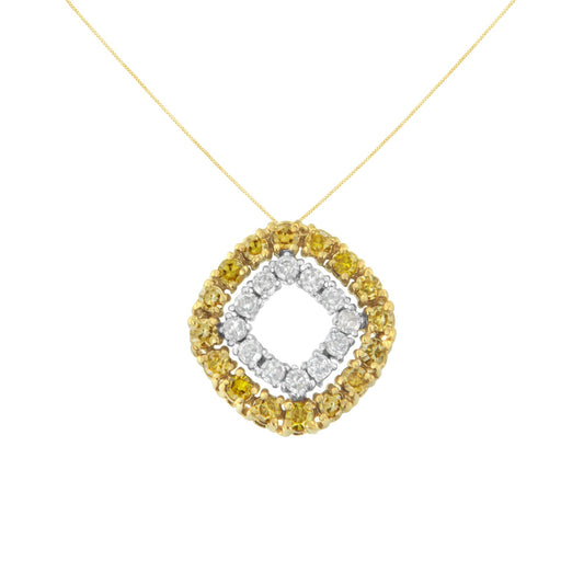 Front view of a necklace with a square pendant featuring an inner square of white gemstones set in white metal and an outer square of yellow gemstones set in yellow metal.