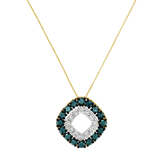Front view of a yellow metal necklace with a square-shaped pendant featuring an inner square of round white gemstones and an outer border of round blue gemstones in prong settings.