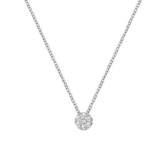 Front view of a white metal necklace with a pendant featuring a cluster of round white gemstones in a prong setting.
