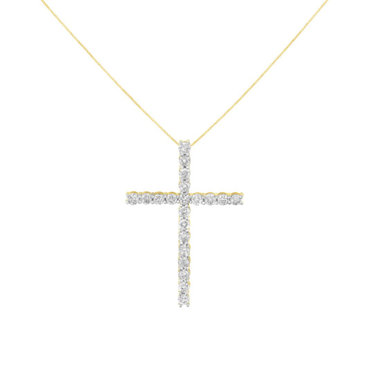 Front view of a yellow necklace with a cross-shaped pendant featuring round white gemstones in prong settings.