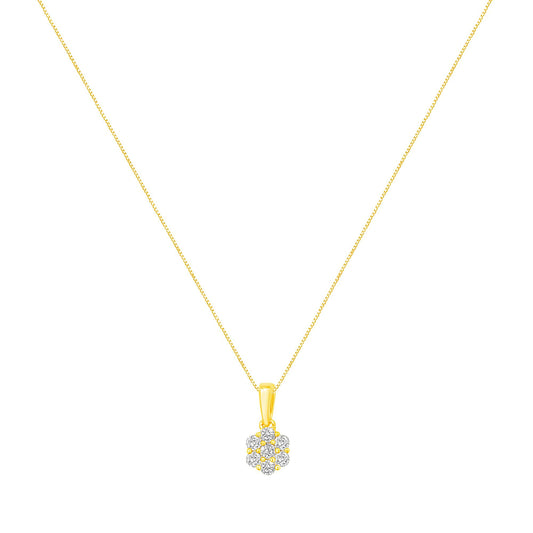 Front view of a yellow necklace with a flower-shaped pendant featuring round white gemstones in prong settings.