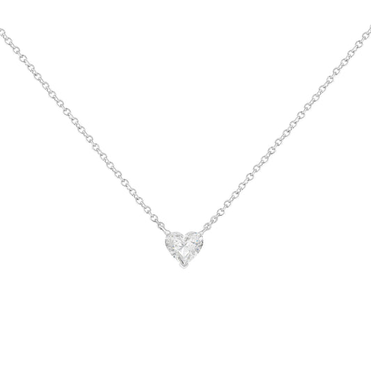 Front view of a white metal necklace with a heart-shaped white gemstone pendant in prong setting.